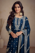 Navy Blue Real Chinon Palazzo Suit with Embroidery