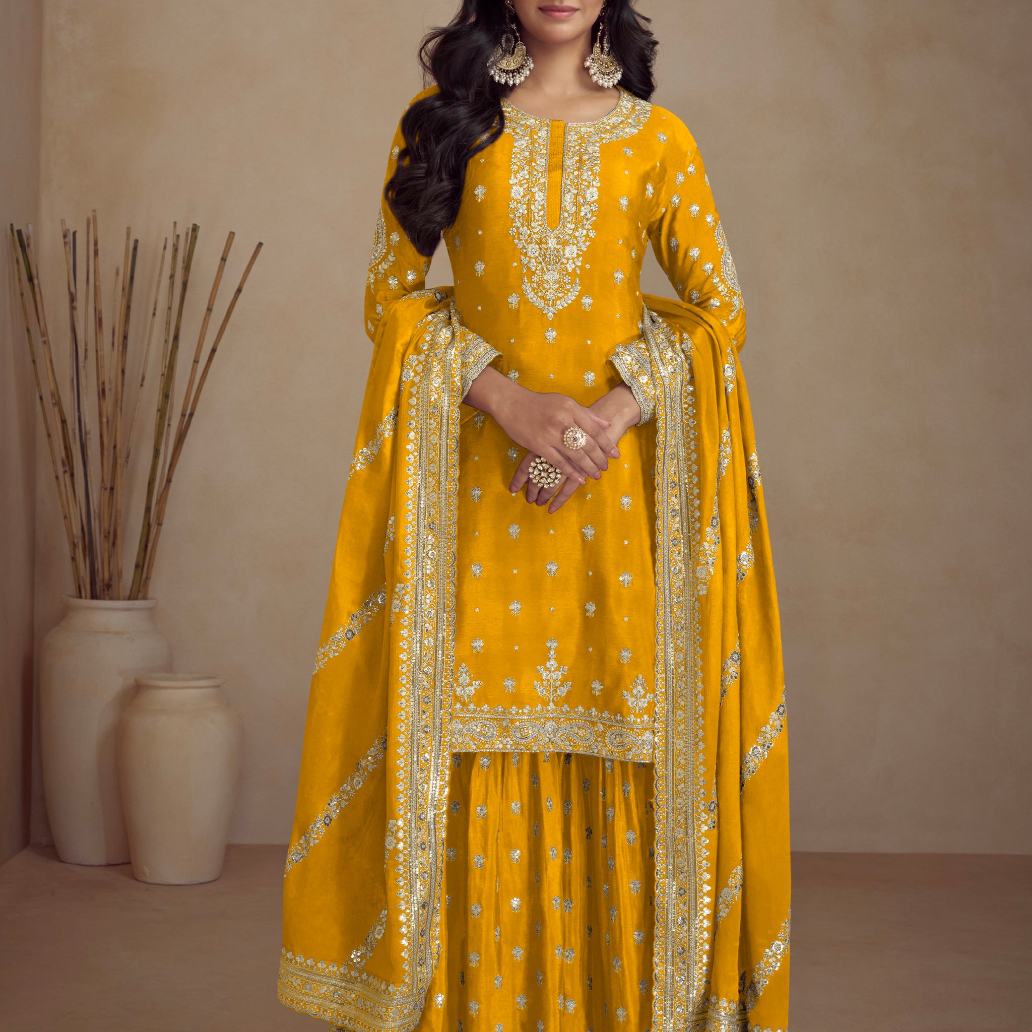 Yellow Real Chinon Palazzo Suit with Embroidery