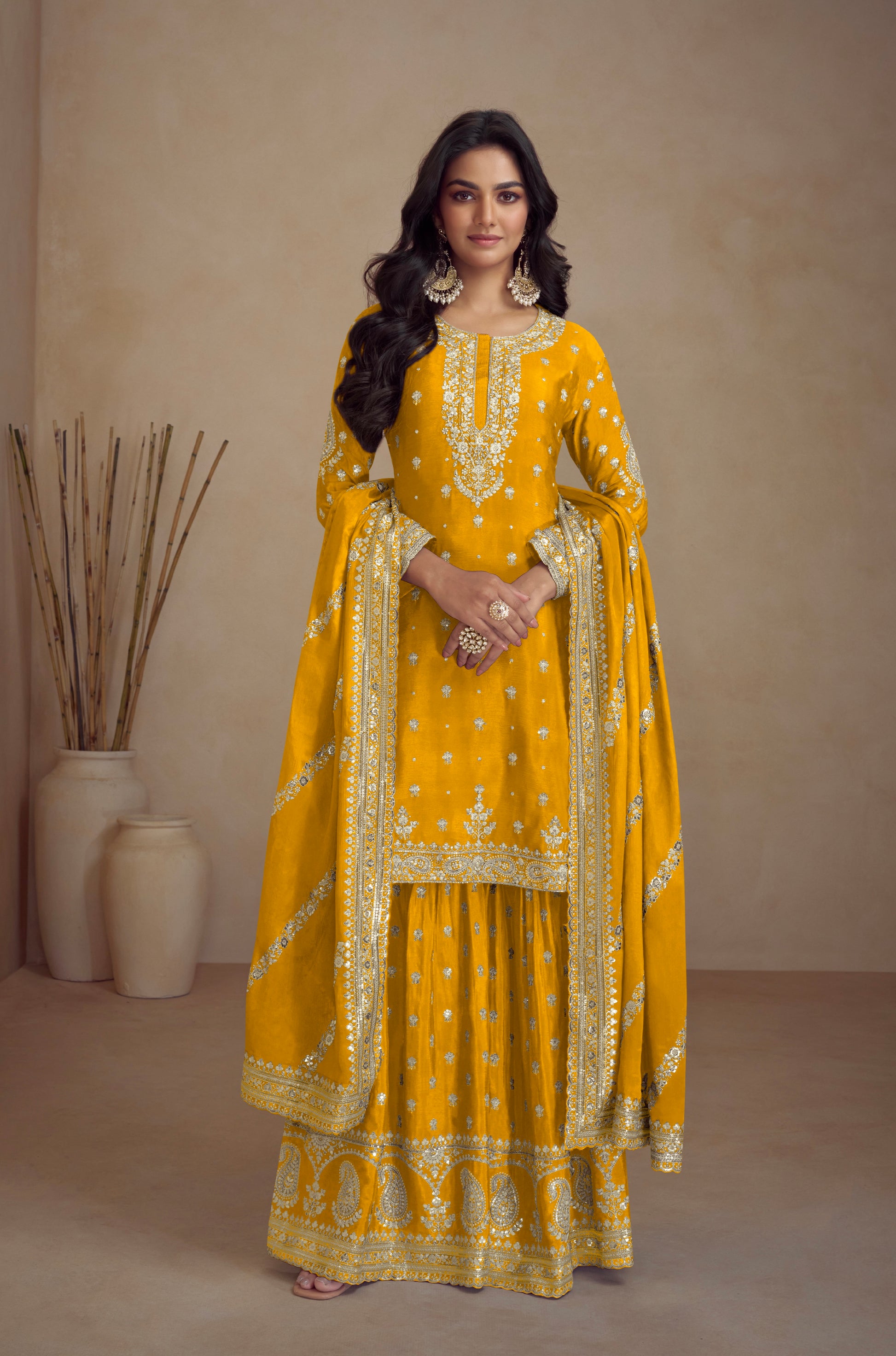 Yellow Real Chinon Palazzo Suit with Embroidery