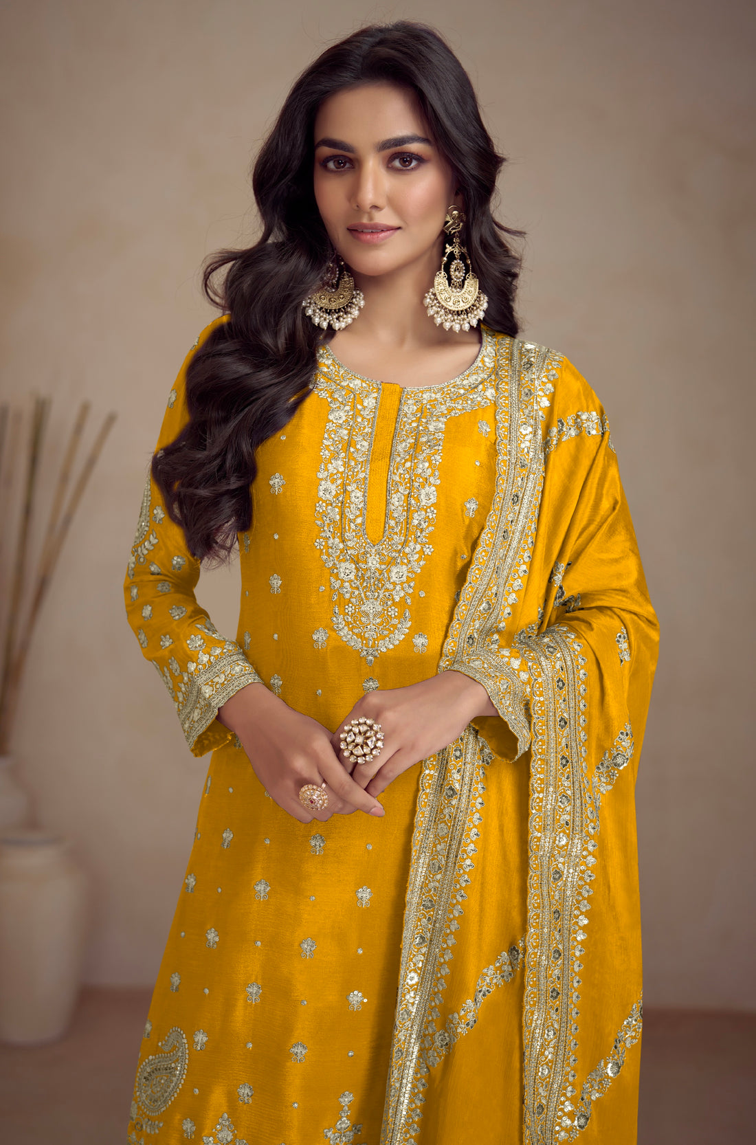 Yellow Real Chinon Palazzo Suit with Embroidery