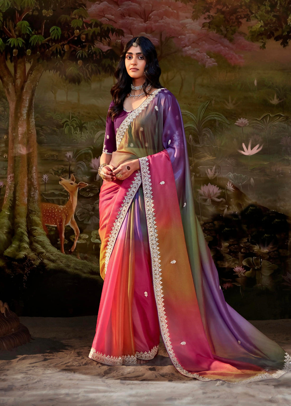 Multi-Color Gradient Saree in Glass Tissue Organza & Embroidery Work