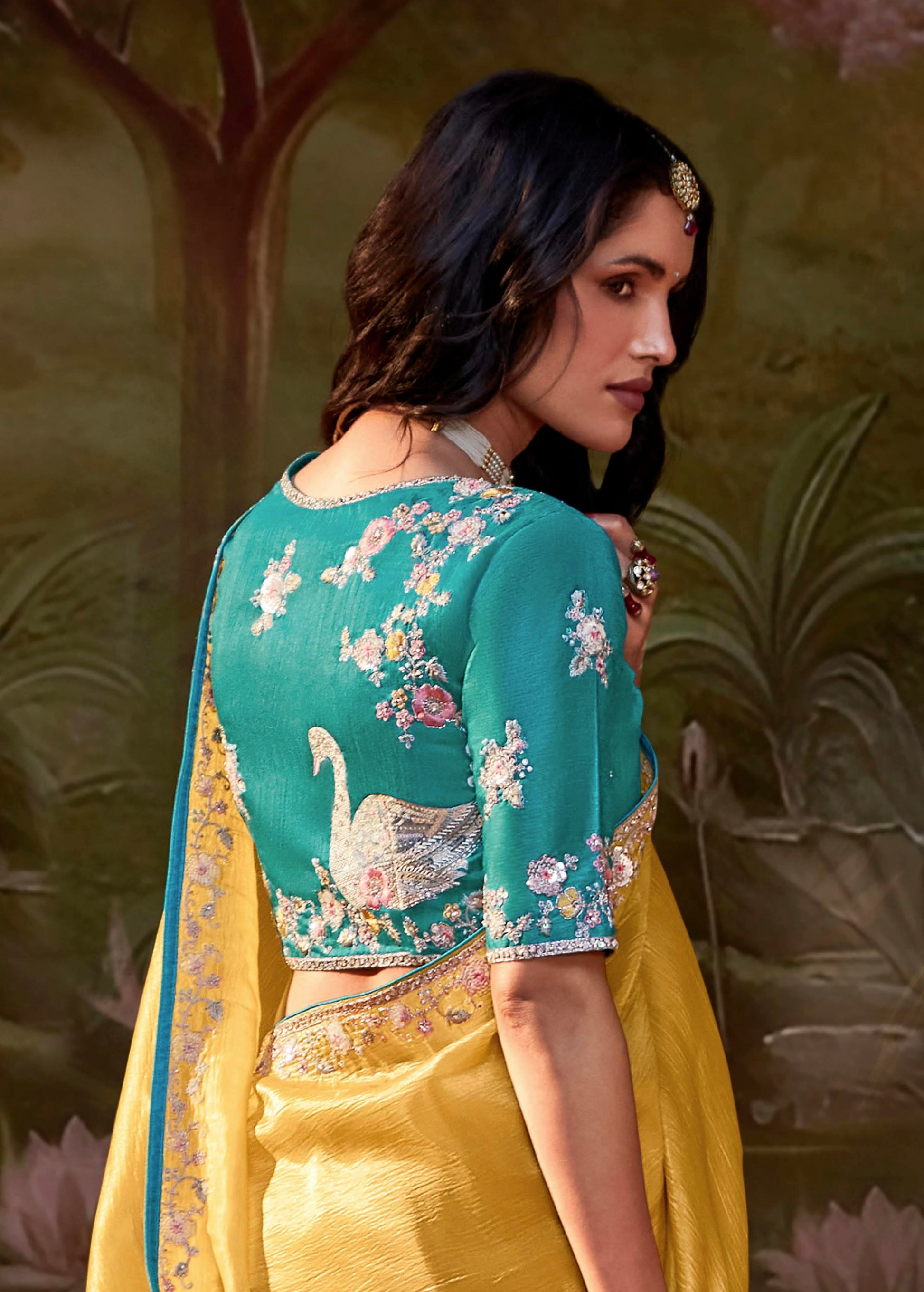 Yellow Glass Tissue Organza Saree with Embroidery & Sequin Work