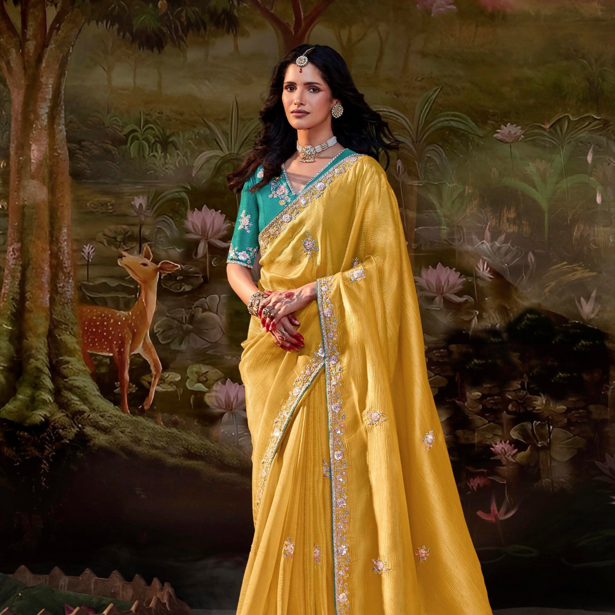 Yellow Glass Tissue Organza Saree with Embroidery & Sequin Work