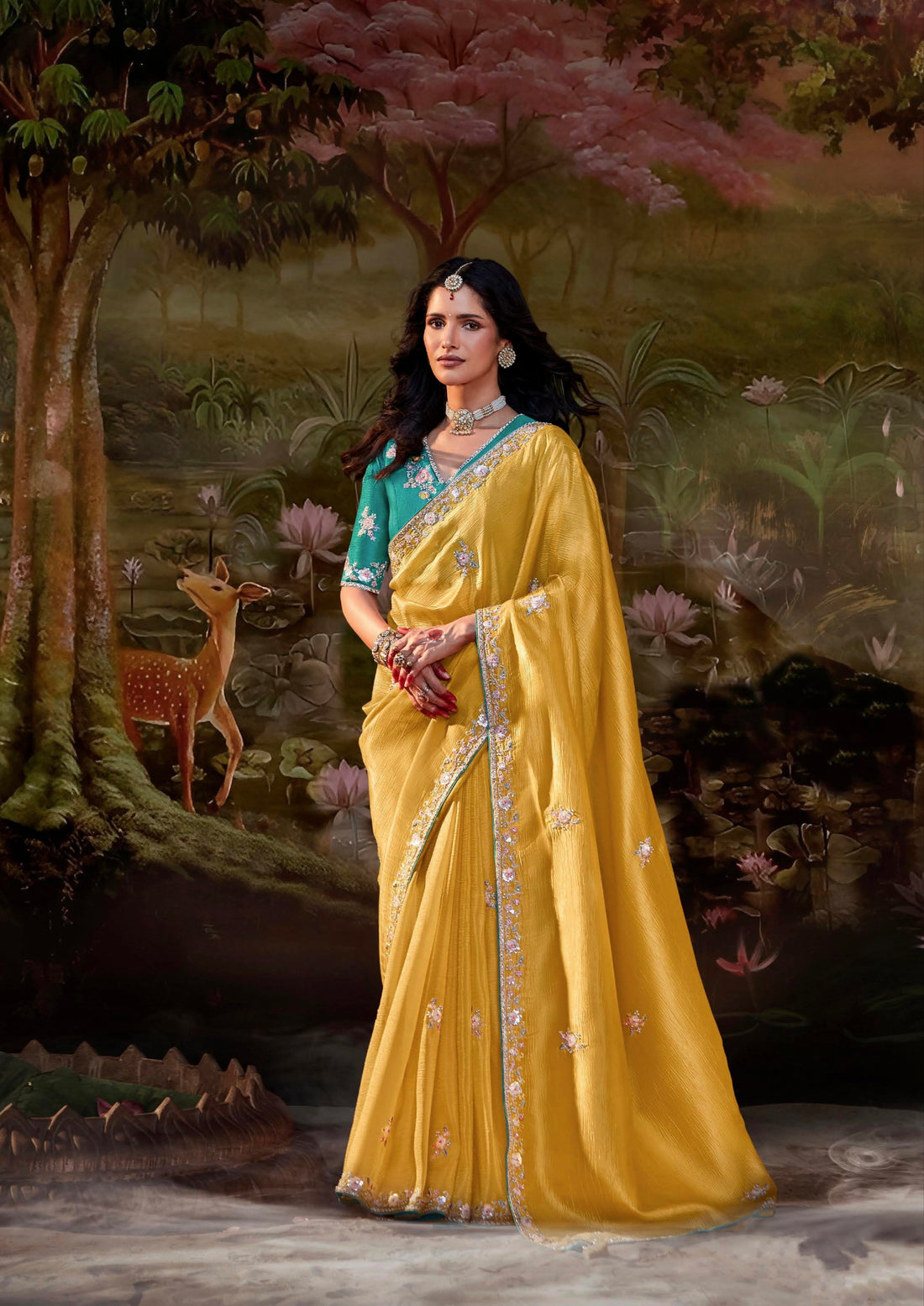 Yellow Glass Tissue Organza Saree with Embroidery & Sequin Work