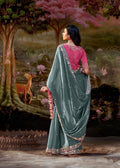 Grey Glass Tissue Organza Saree with Embroidery and Zarkan Work