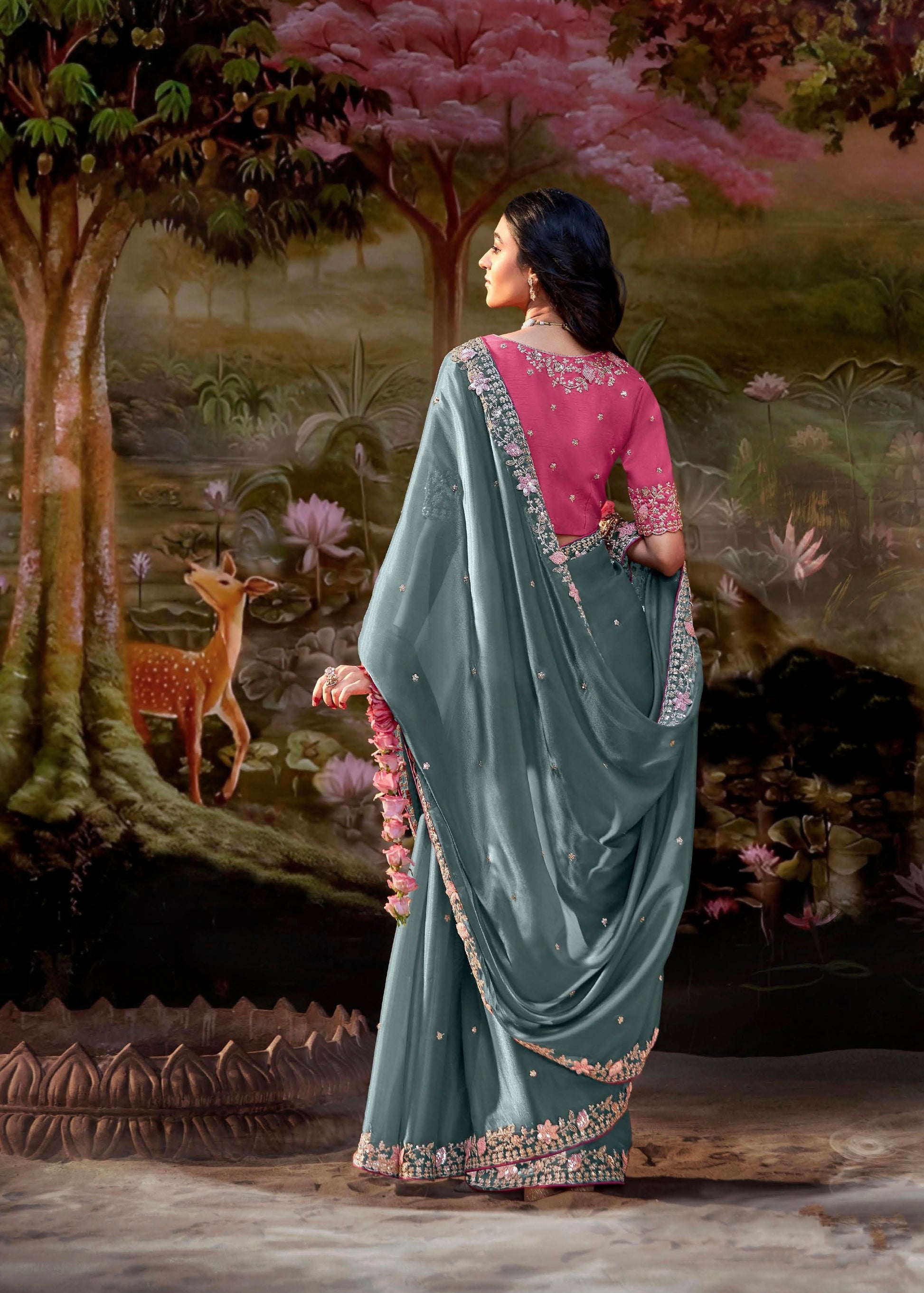 Grey Glass Tissue Organza Saree with Embroidery and Zarkan Work