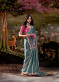 Grey Glass Tissue Organza Saree with Embroidery and Zarkan Work