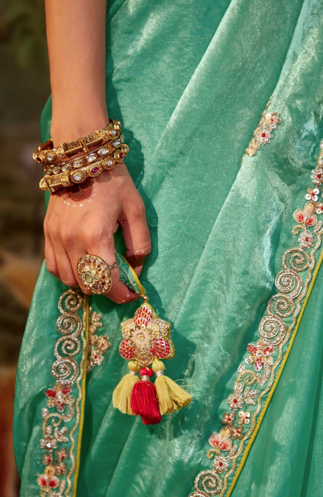 Sea Green Glass Tissue Organza Saree with Embroidery and Moti Work