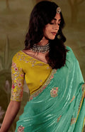 Sea Green Glass Tissue Organza Saree with Embroidery and Moti Work