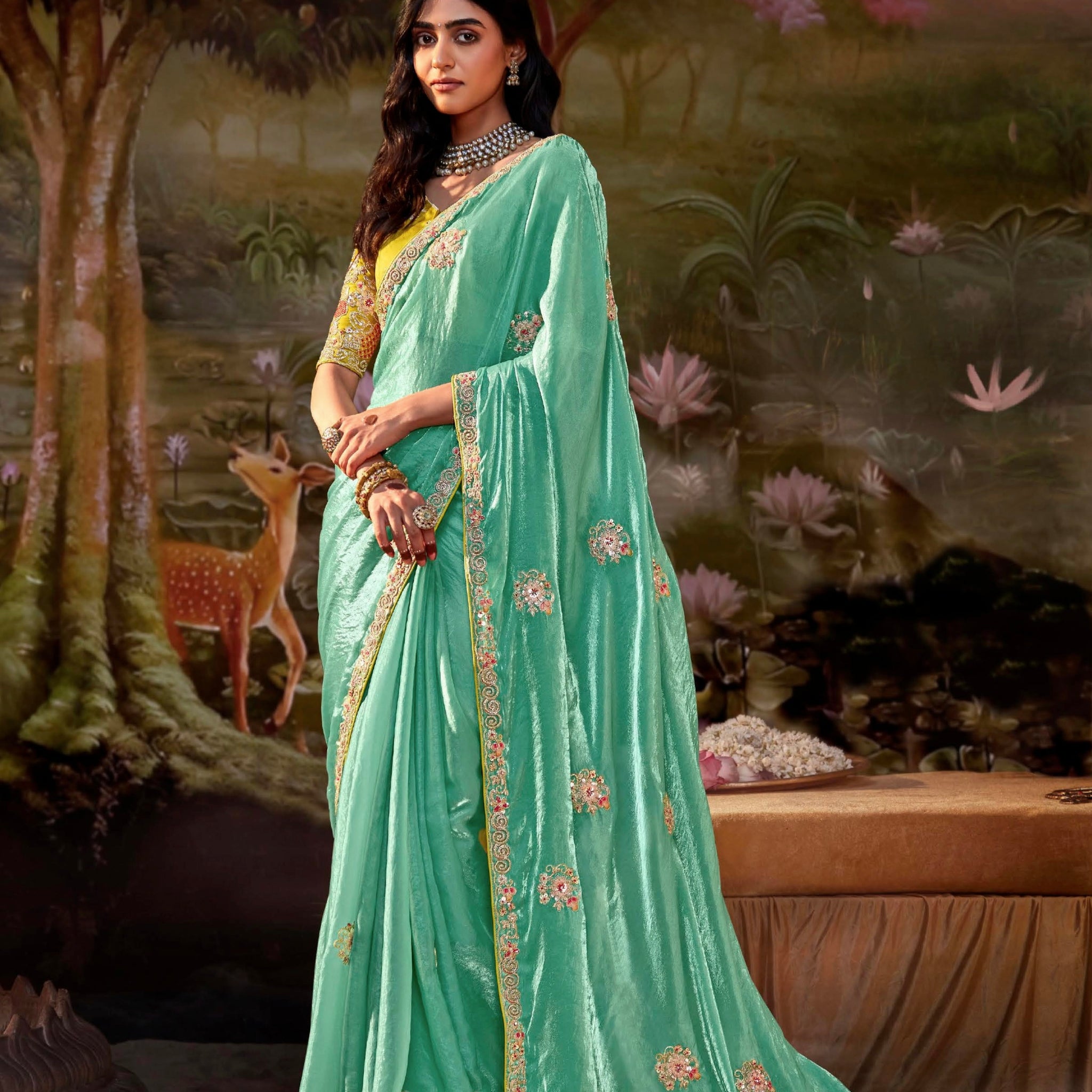 Sea Green Glass Tissue Organza Saree with Embroidery and Moti Work