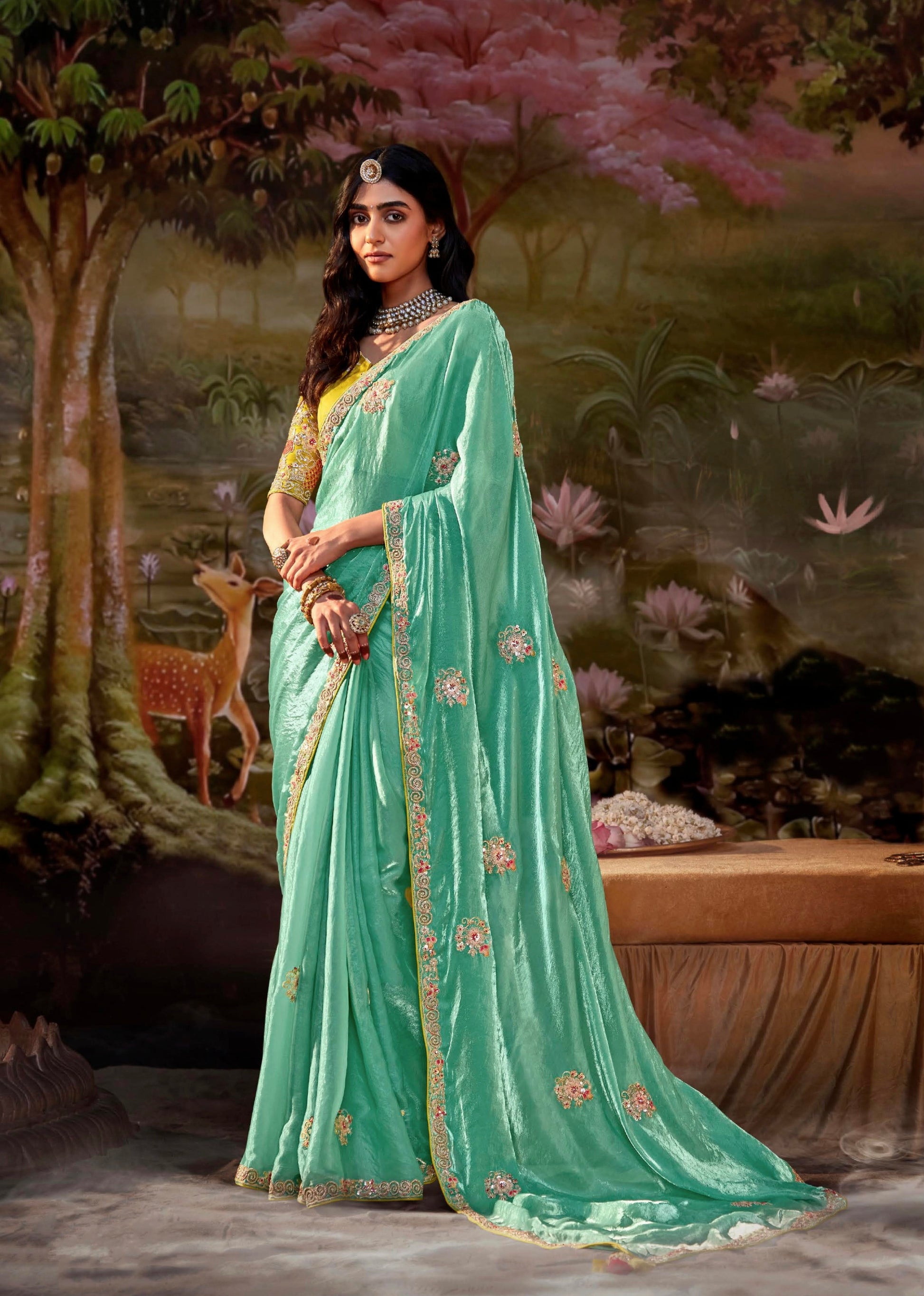 Sea Green Glass Tissue Organza Saree with Embroidery and Moti Work