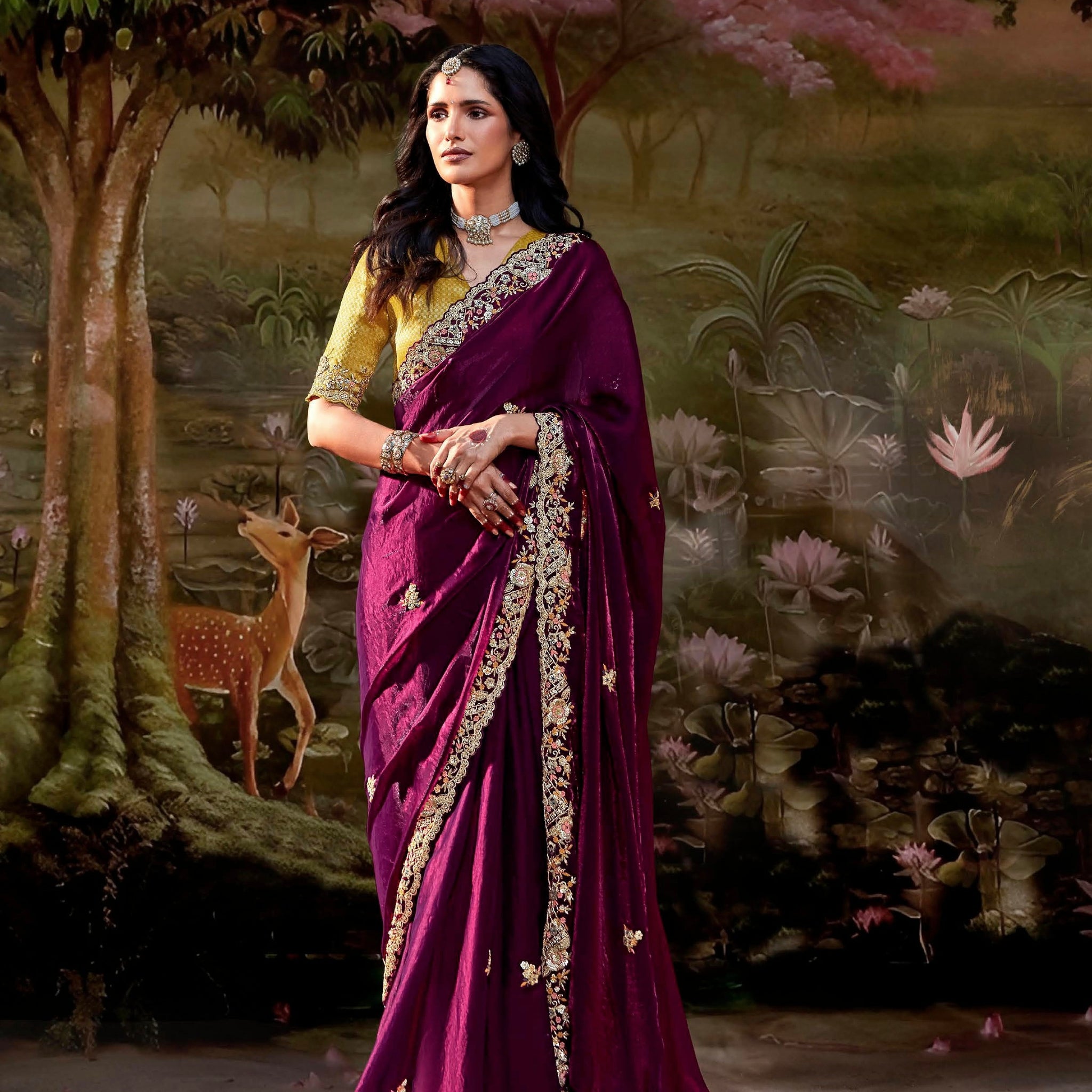 Maroon Glass Tissue Organza Saree with Embroidery and Zarkan Work