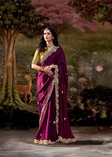 Maroon Glass Tissue Organza Saree with Embroidery and Zarkan Work