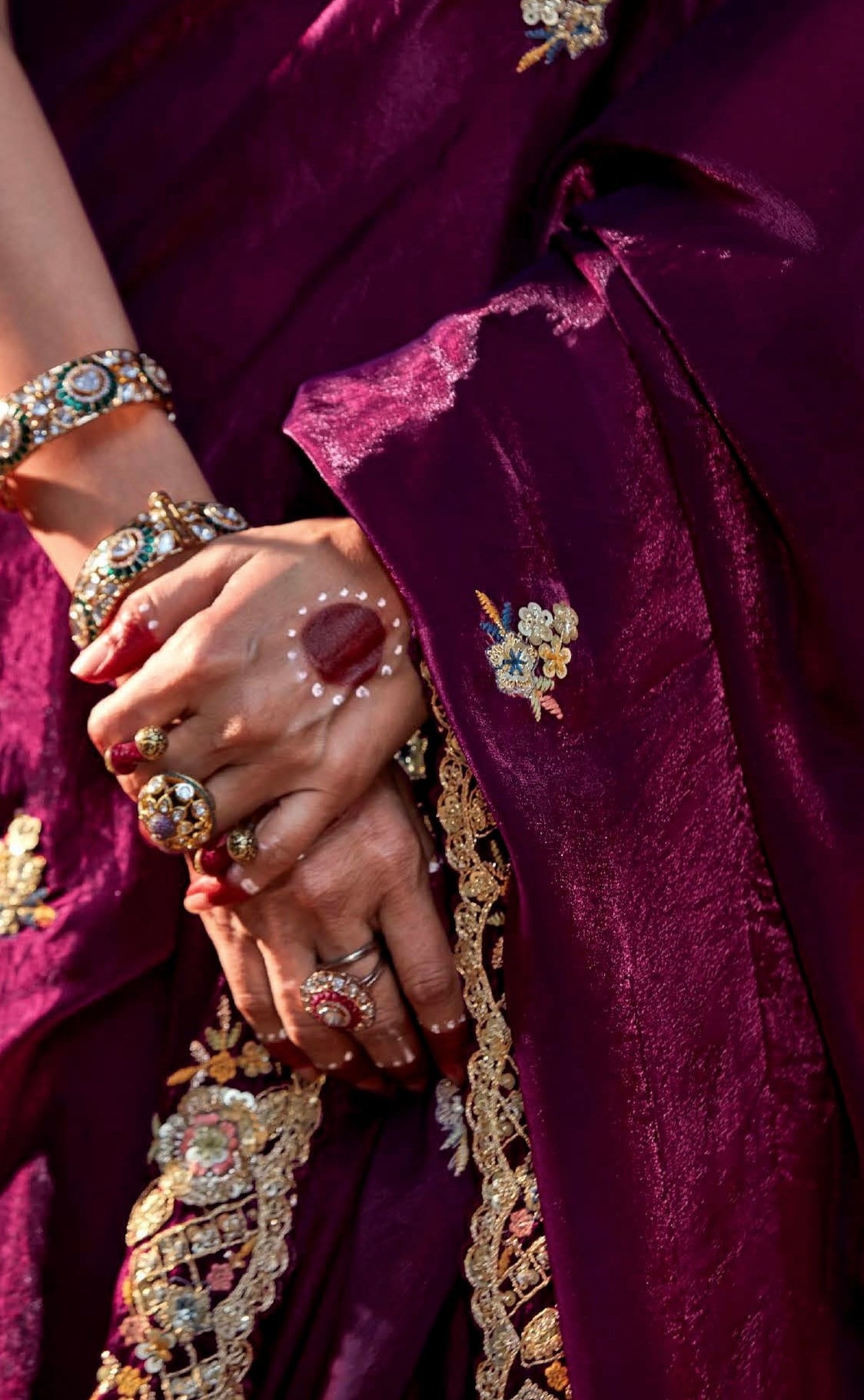 Maroon Glass Tissue Organza Saree with Embroidery and Zarkan Work