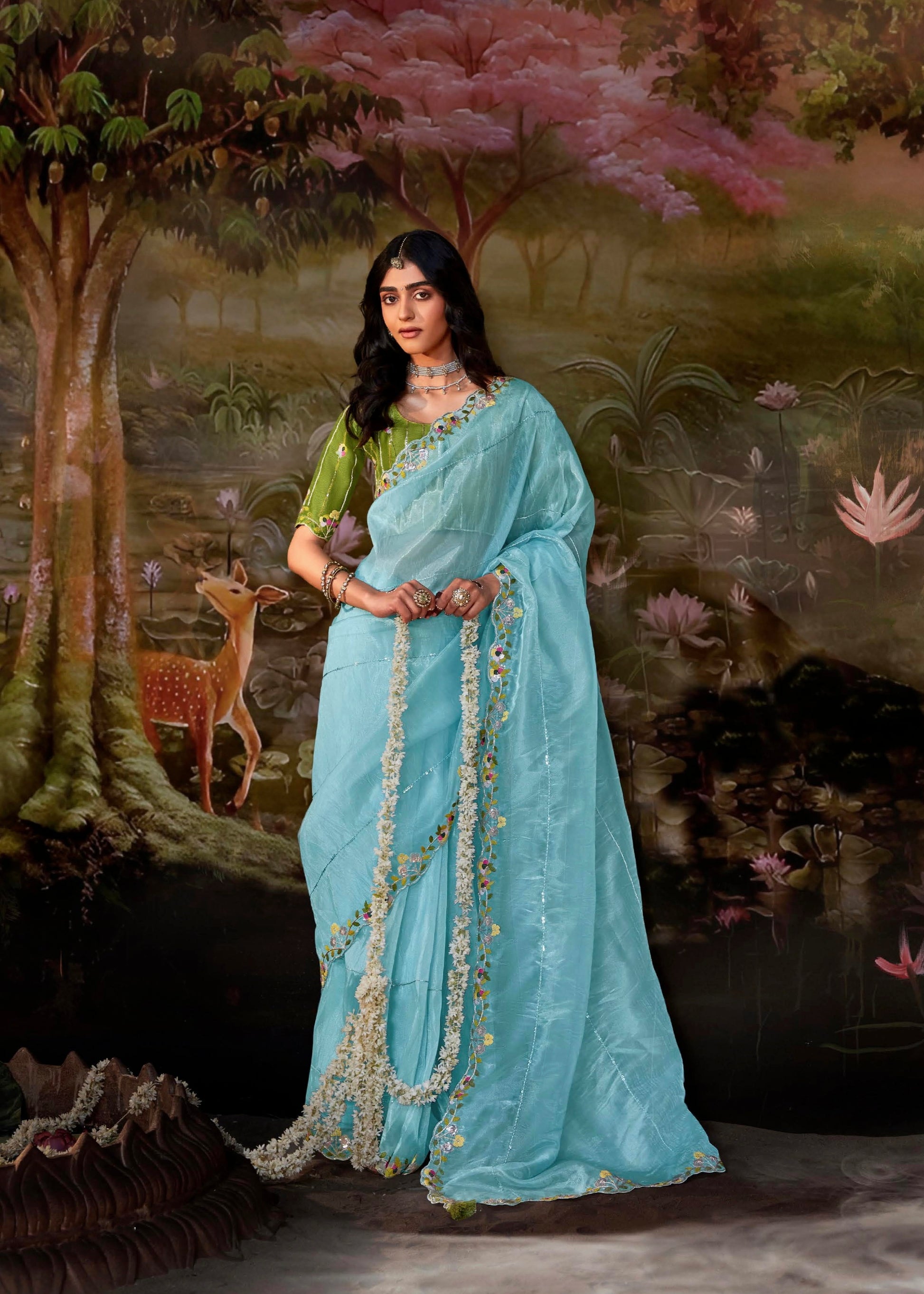 Sky Blue Glass Tissue Organza Saree with Embroidery and Sequin Work