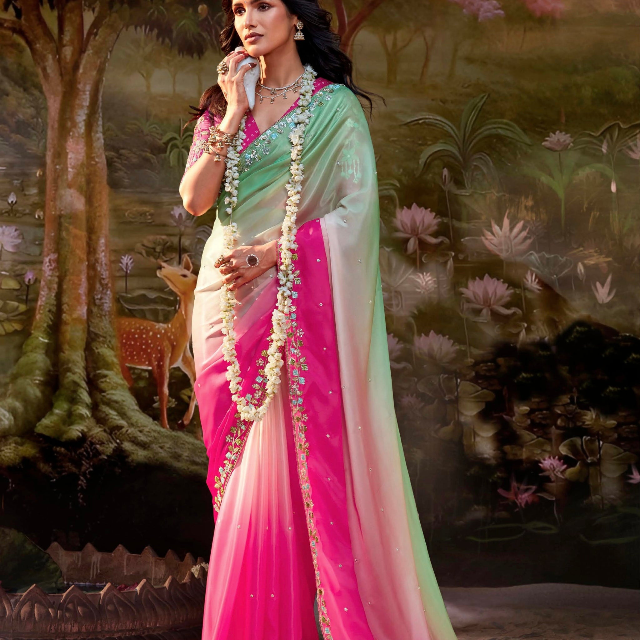 Pink and White Gradient Glass Tissue Organza Saree with Embroidery