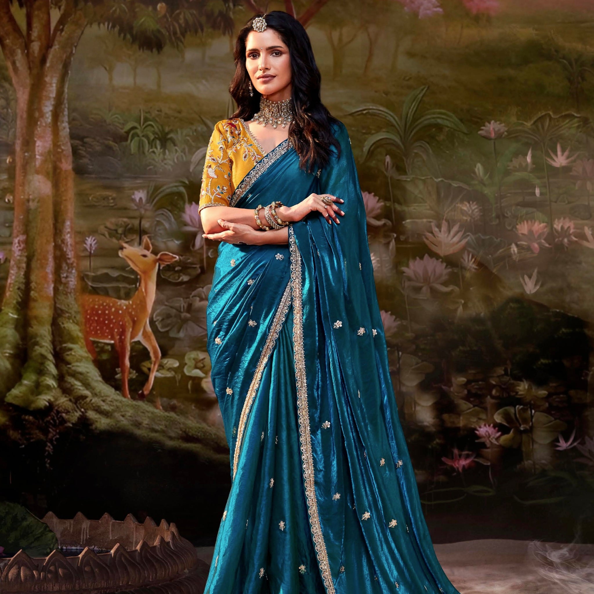 Teal Blue Glass Tissue Organza Saree with Embroidery and Zarkan Work