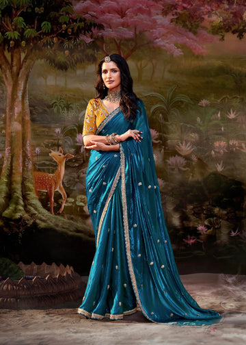 Teal Blue Glass Tissue Organza Saree with Embroidery and Zarkan Work