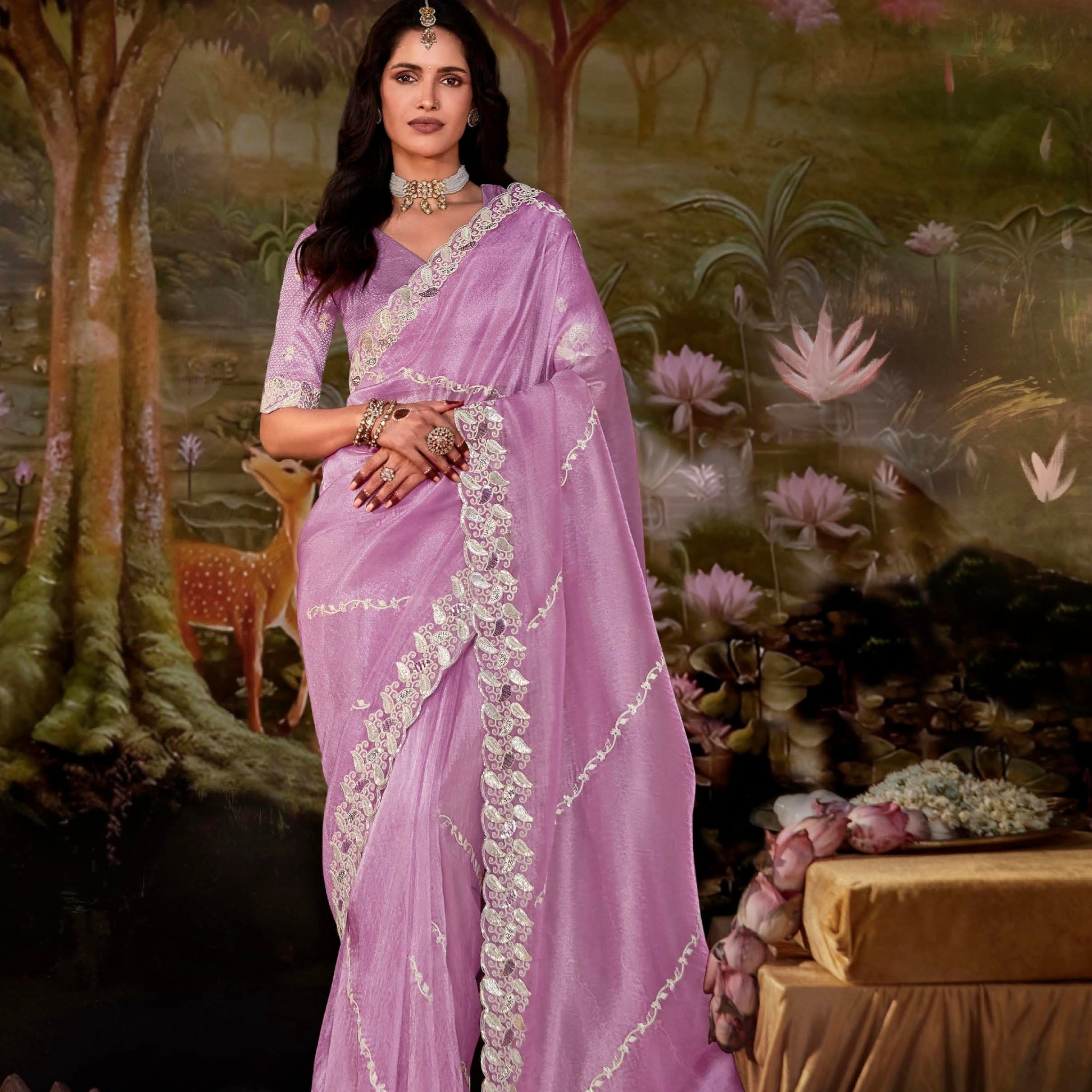 Lavender Glass Tissue Organza Saree with Embroidery and Sequin Work