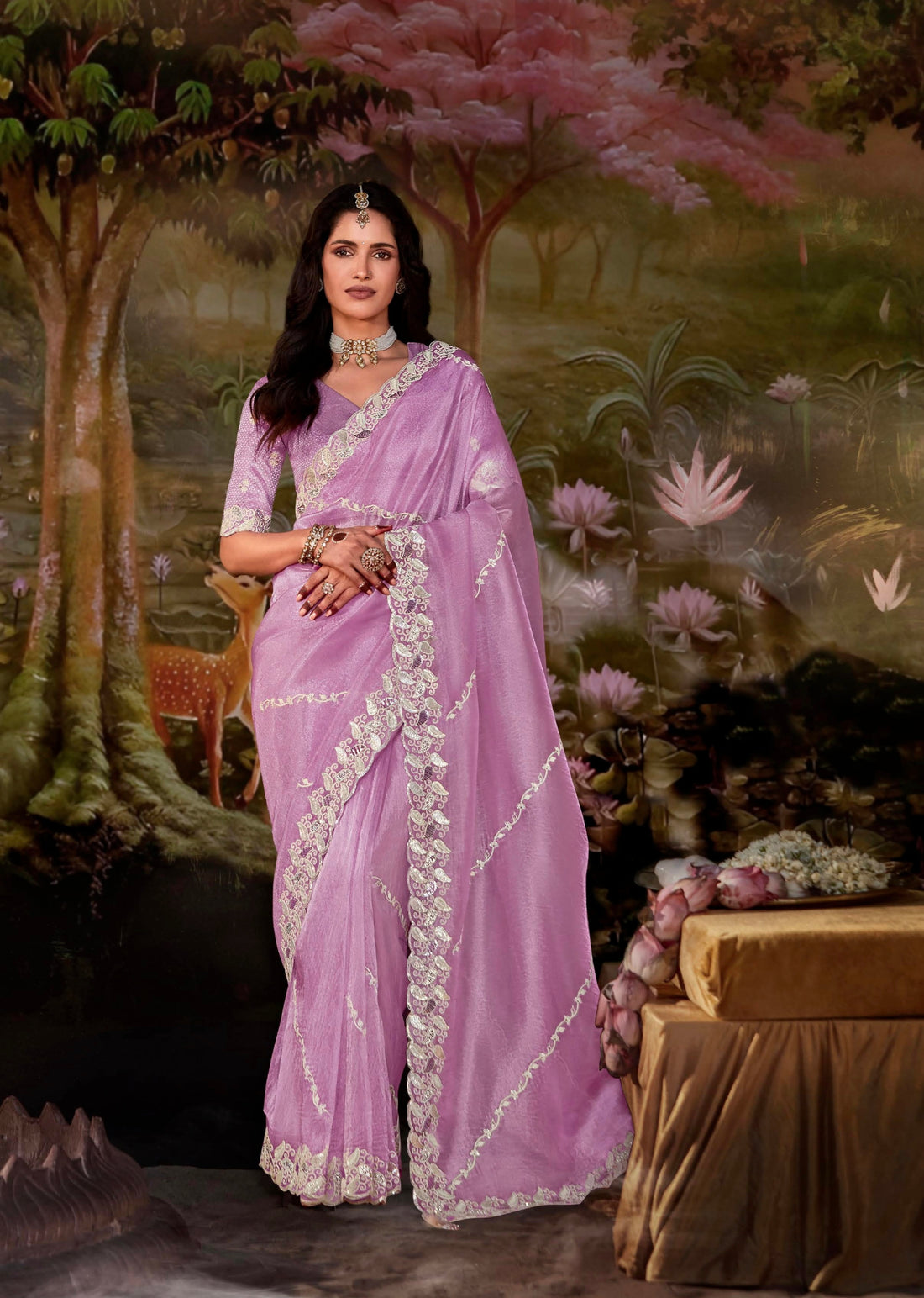 Lavender Glass Tissue Organza Saree with Embroidery and Sequin Work