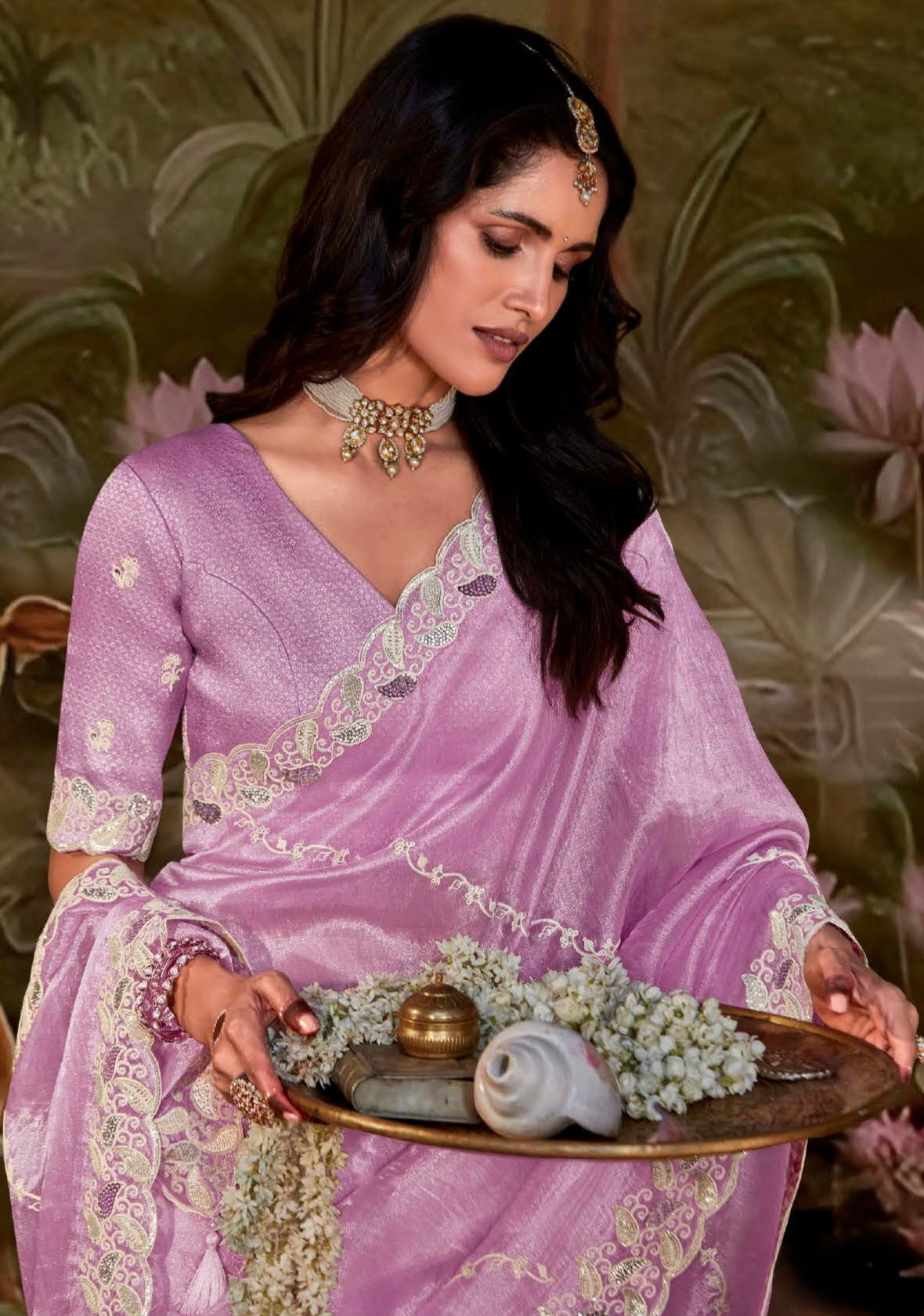 Lavender Glass Tissue Organza Saree with Embroidery and Sequin Work