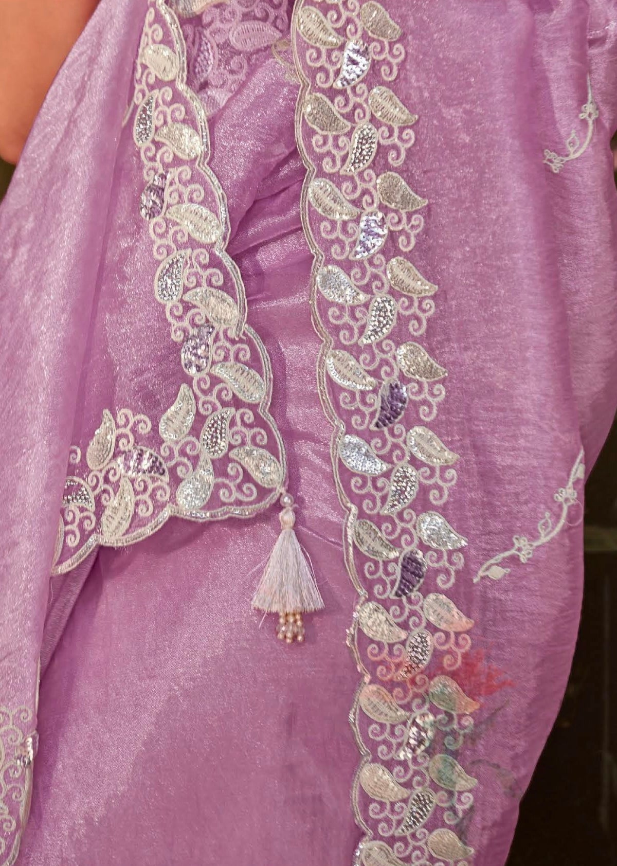 Lavender Glass Tissue Organza Saree with Embroidery and Sequin Work