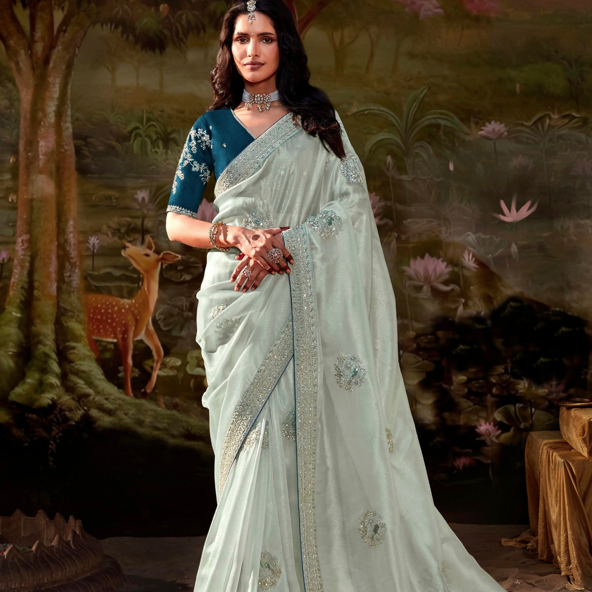 Mint Green Glass Tissue Organza Saree with Embroidery and Zarkan Work