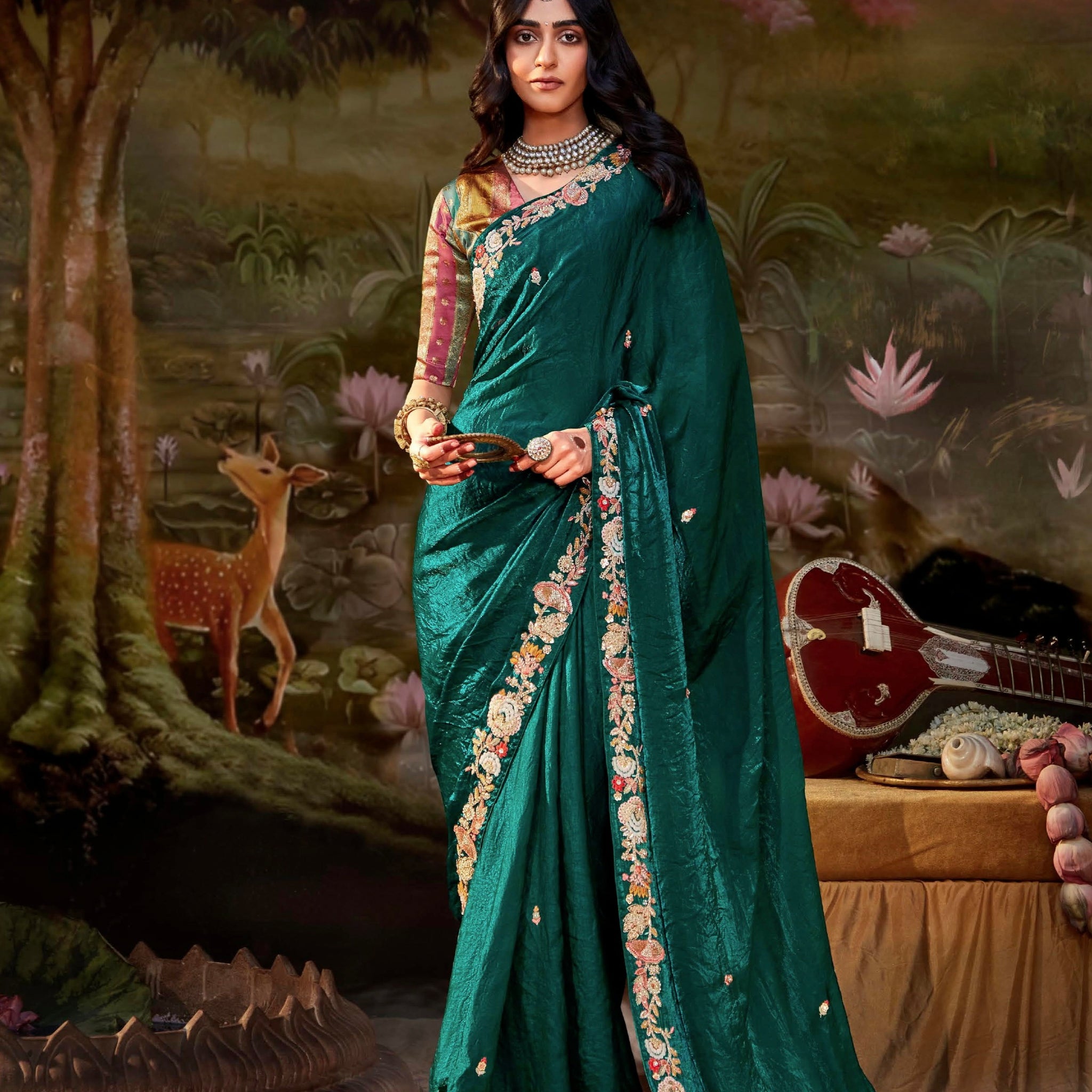 Dark Green Glass Tissue Organza Saree with Embroidery and Zarkan Work