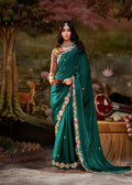 Dark Green Glass Tissue Organza Saree with Embroidery and Zarkan Work