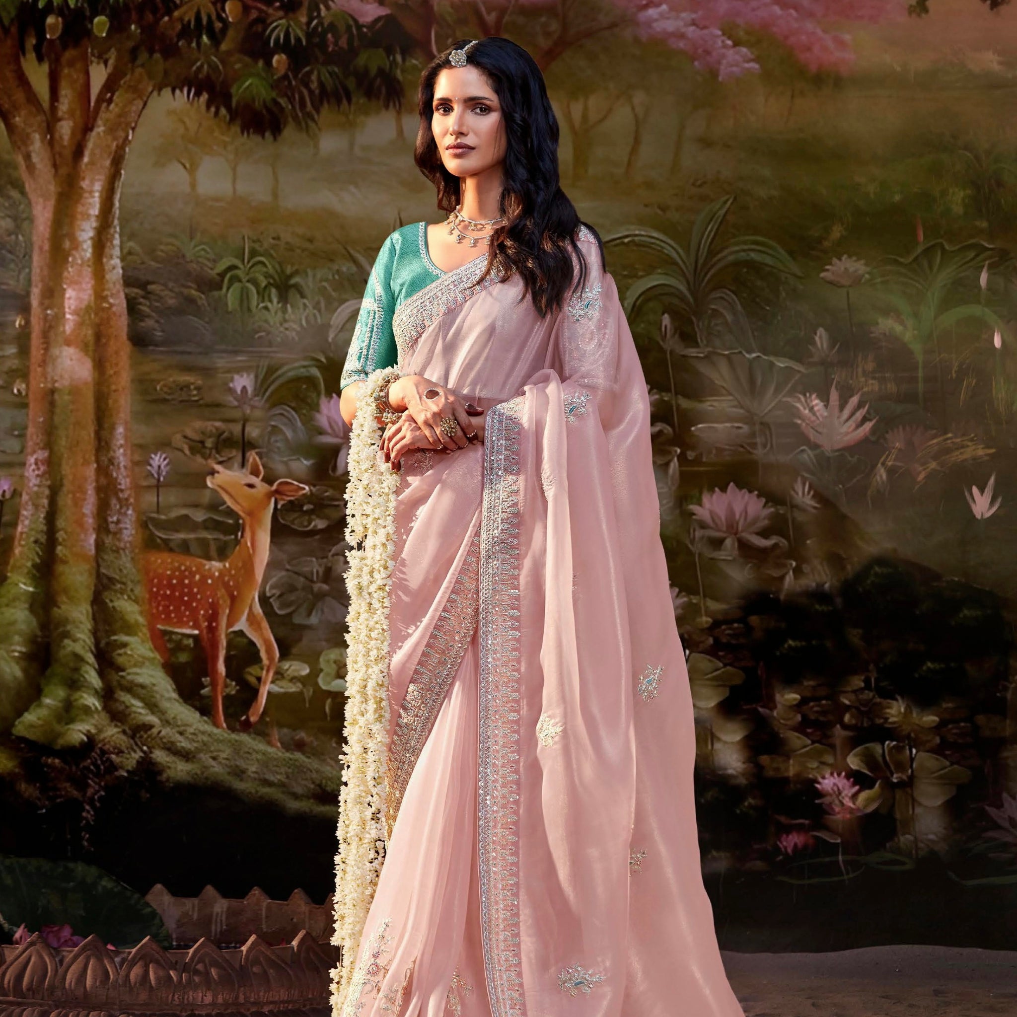 Light Pink Glass Tissue Organza Saree with Embroidery and Sequin Work