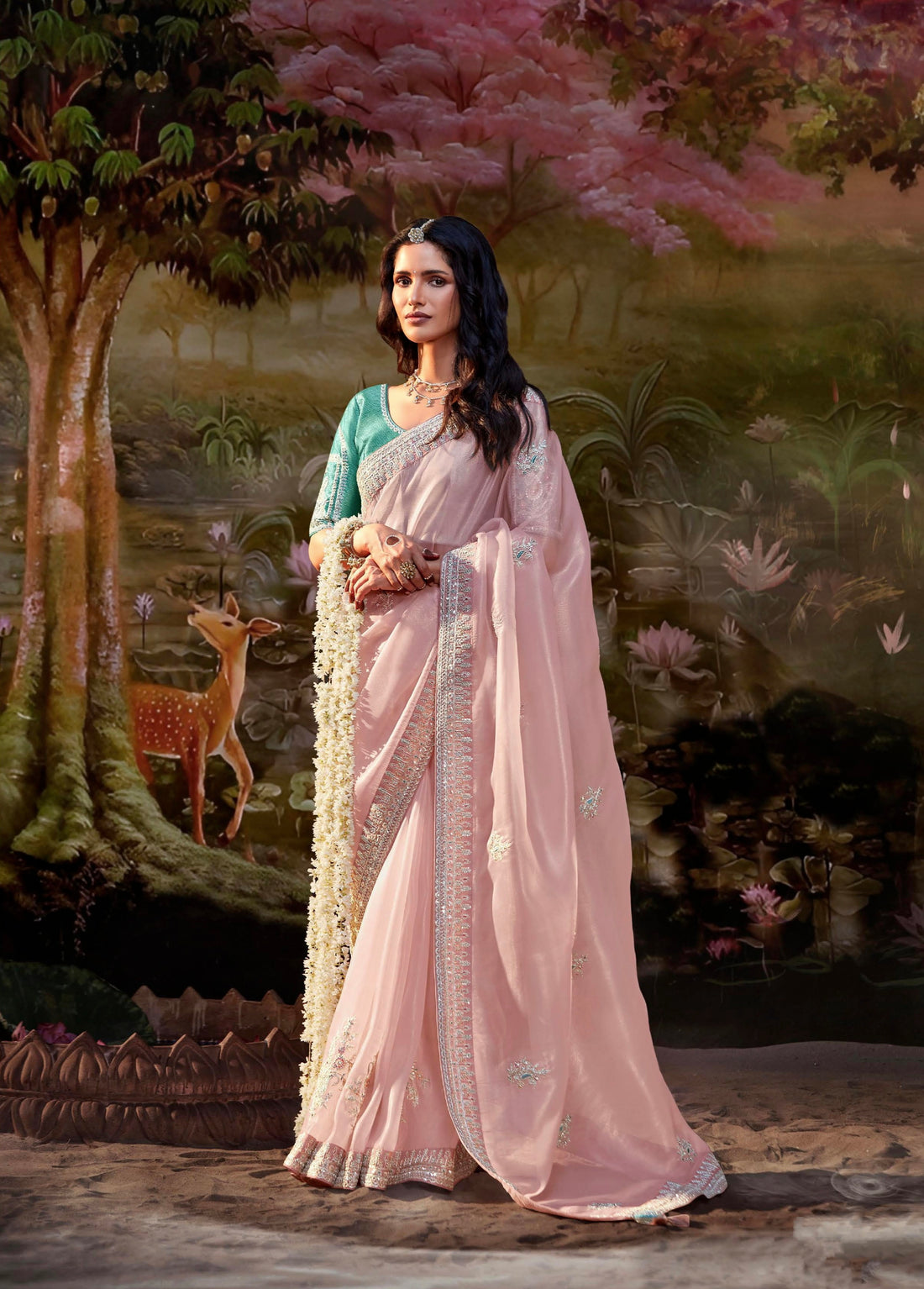 Light Pink Glass Tissue Organza Saree with Embroidery and Sequin Work