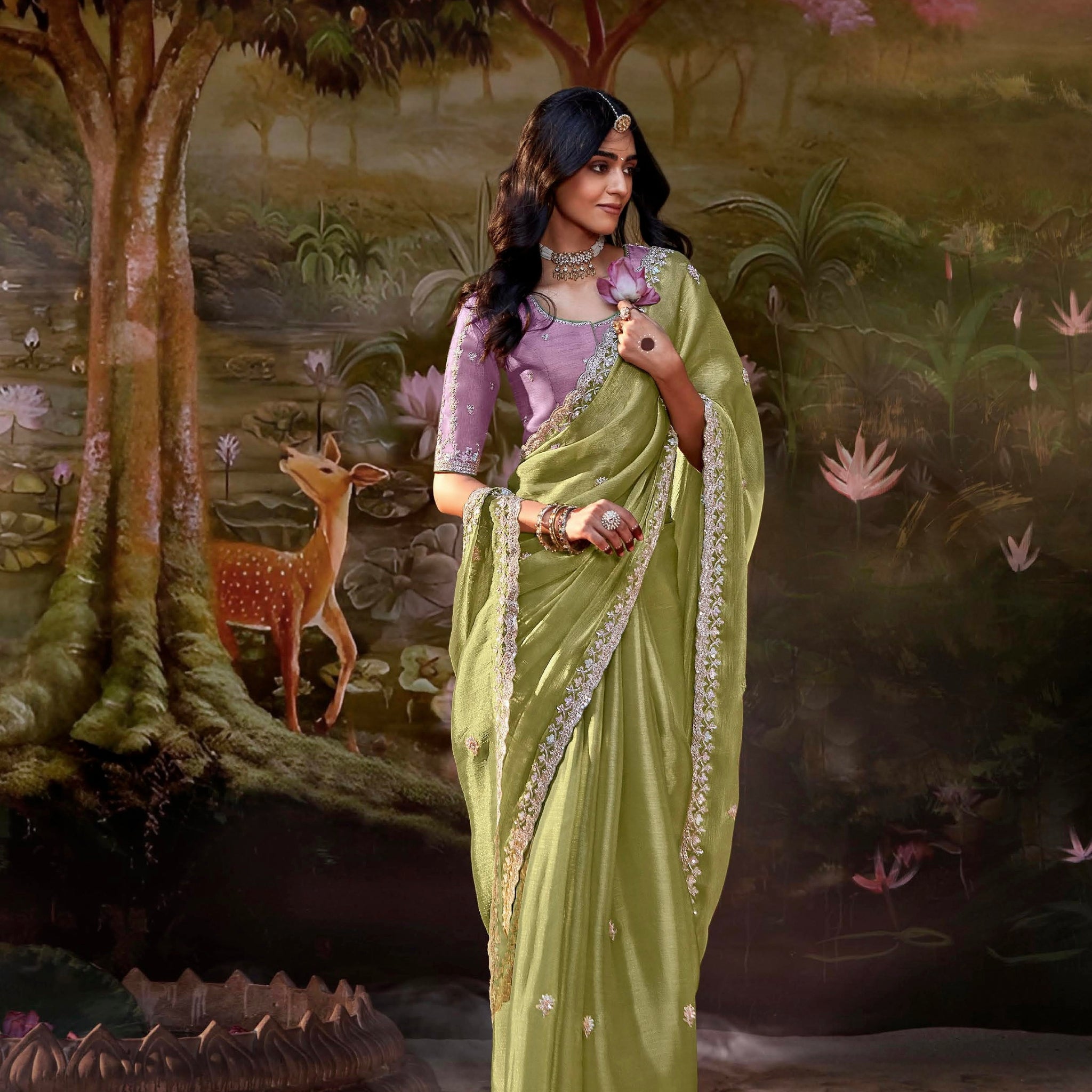 Olive Green Glass Tissue Organza Saree with Embroidery and Zarkan Work