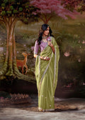 Olive Green Glass Tissue Organza Saree with Embroidery and Zarkan Work