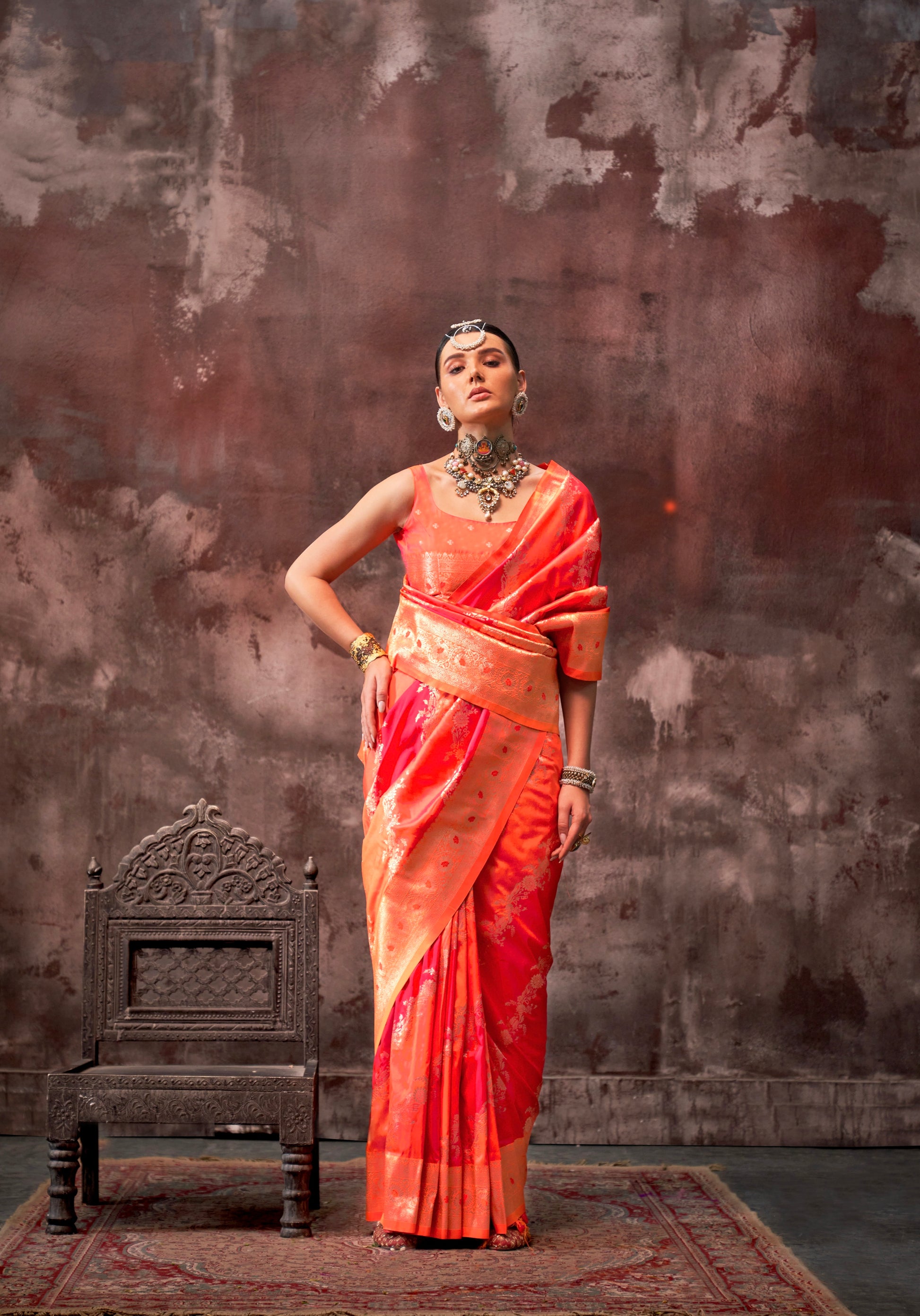 Orange & Red Rangkaat Handloom Weaving Silk Saree