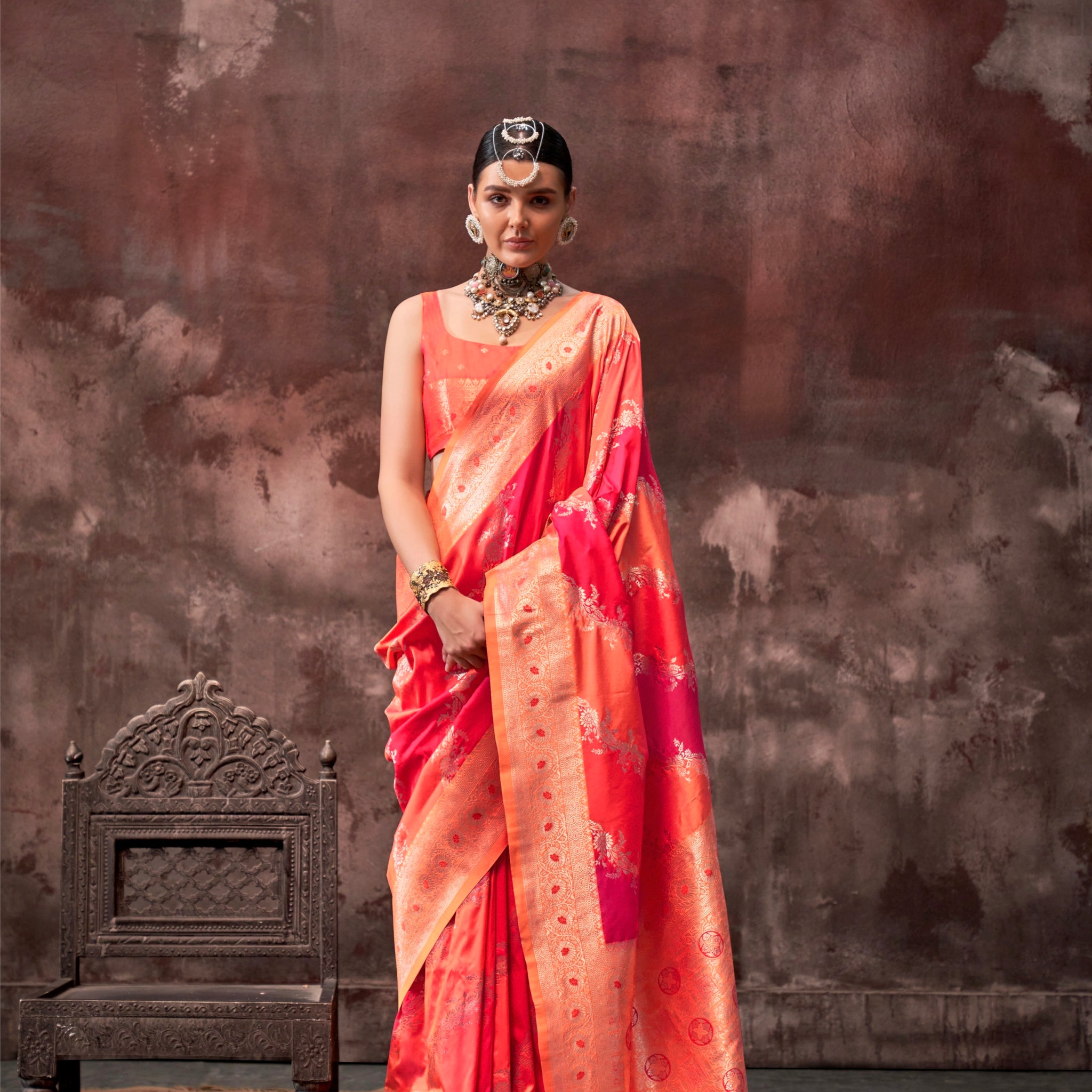 Orange & Red Rangkaat Handloom Weaving Silk Saree