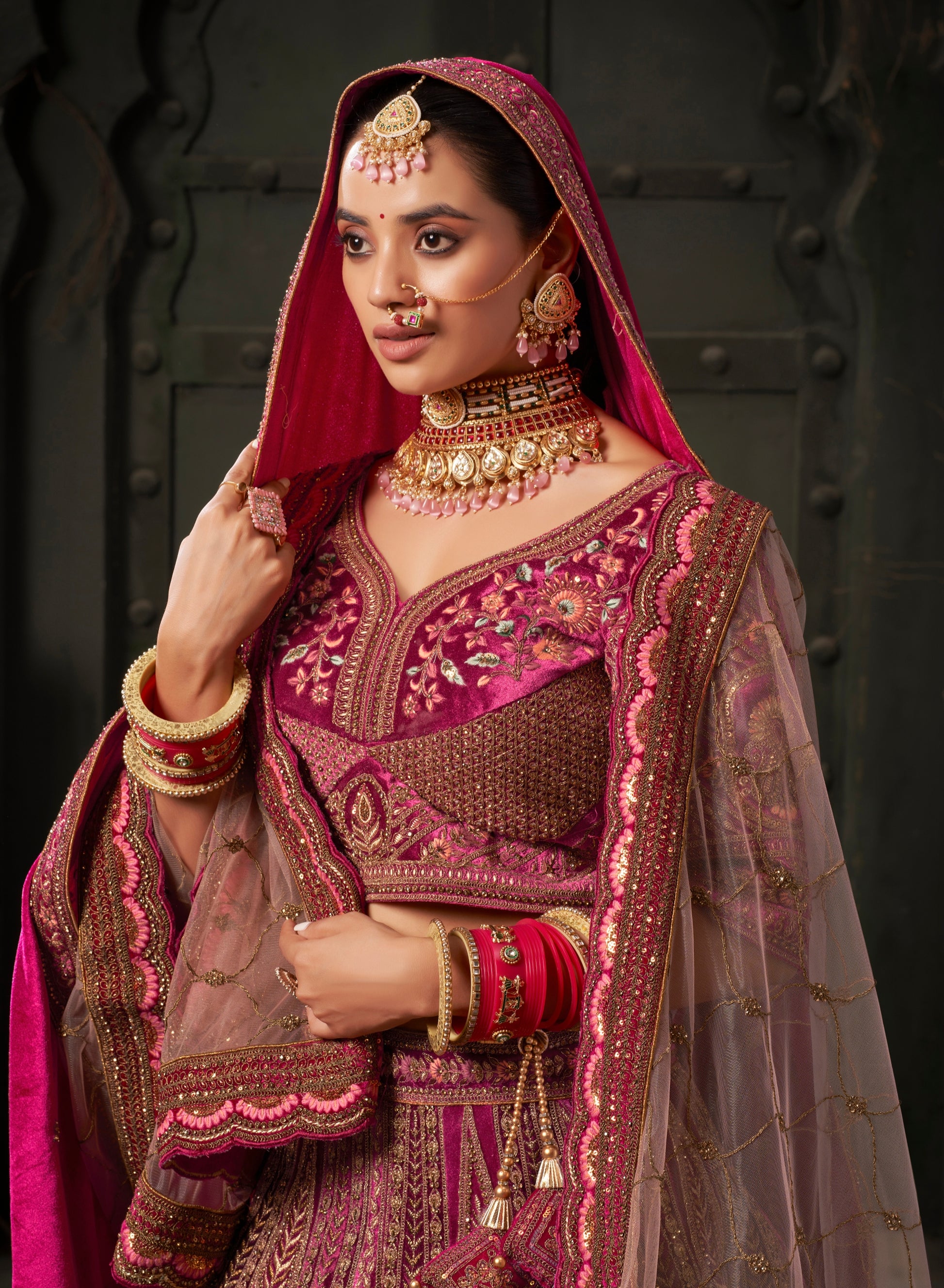 Maroon & Deep Pink Velvet Lehenga Choli with Double Dupatta