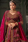 Chocolate Brown & Magenta Velvet Lehenga Choli with Double Dupatta