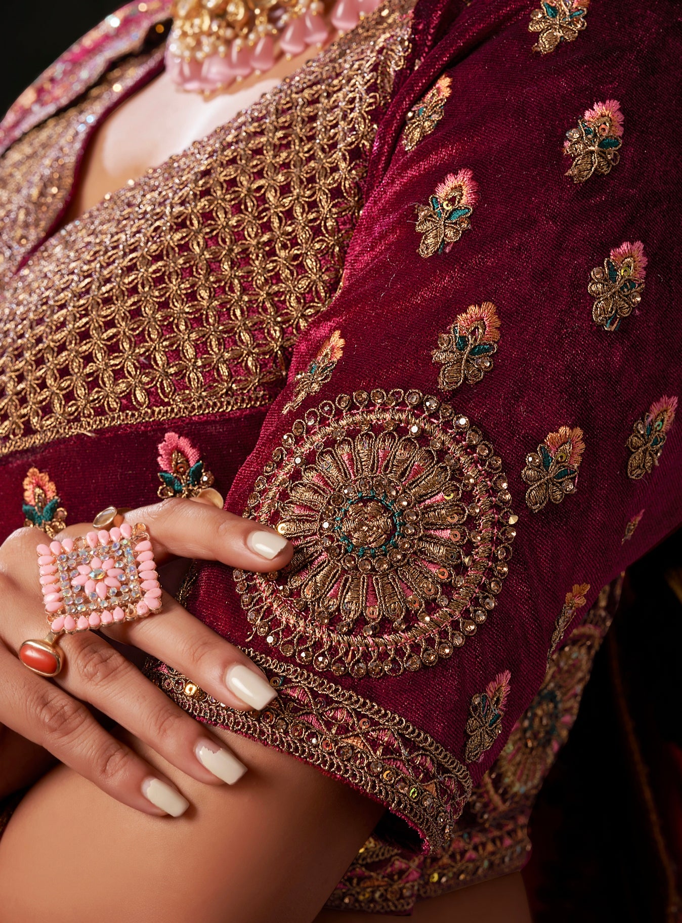 Chocolate Brown & Magenta Velvet Lehenga Choli with Double Dupatta