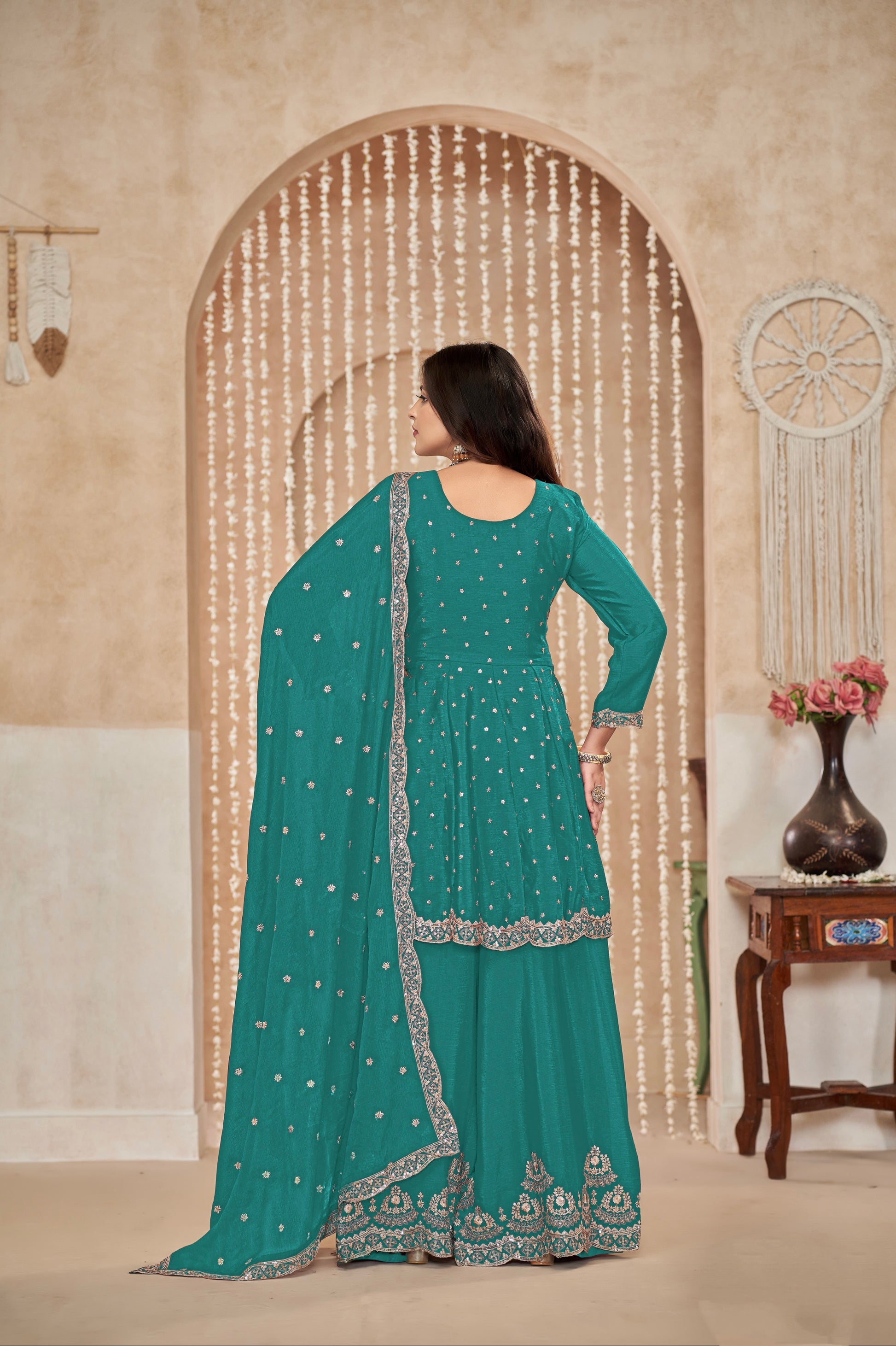 Teal Chinon Palazzo Suit with Intricate Embroidery and Chinon Dupatta