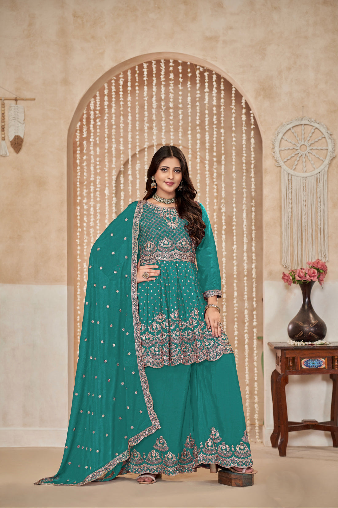 Teal Chinon Palazzo Suit with Intricate Embroidery and Chinon Dupatta