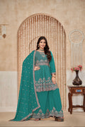 Teal Chinon Palazzo Suit with Intricate Embroidery and Chinon Dupatta