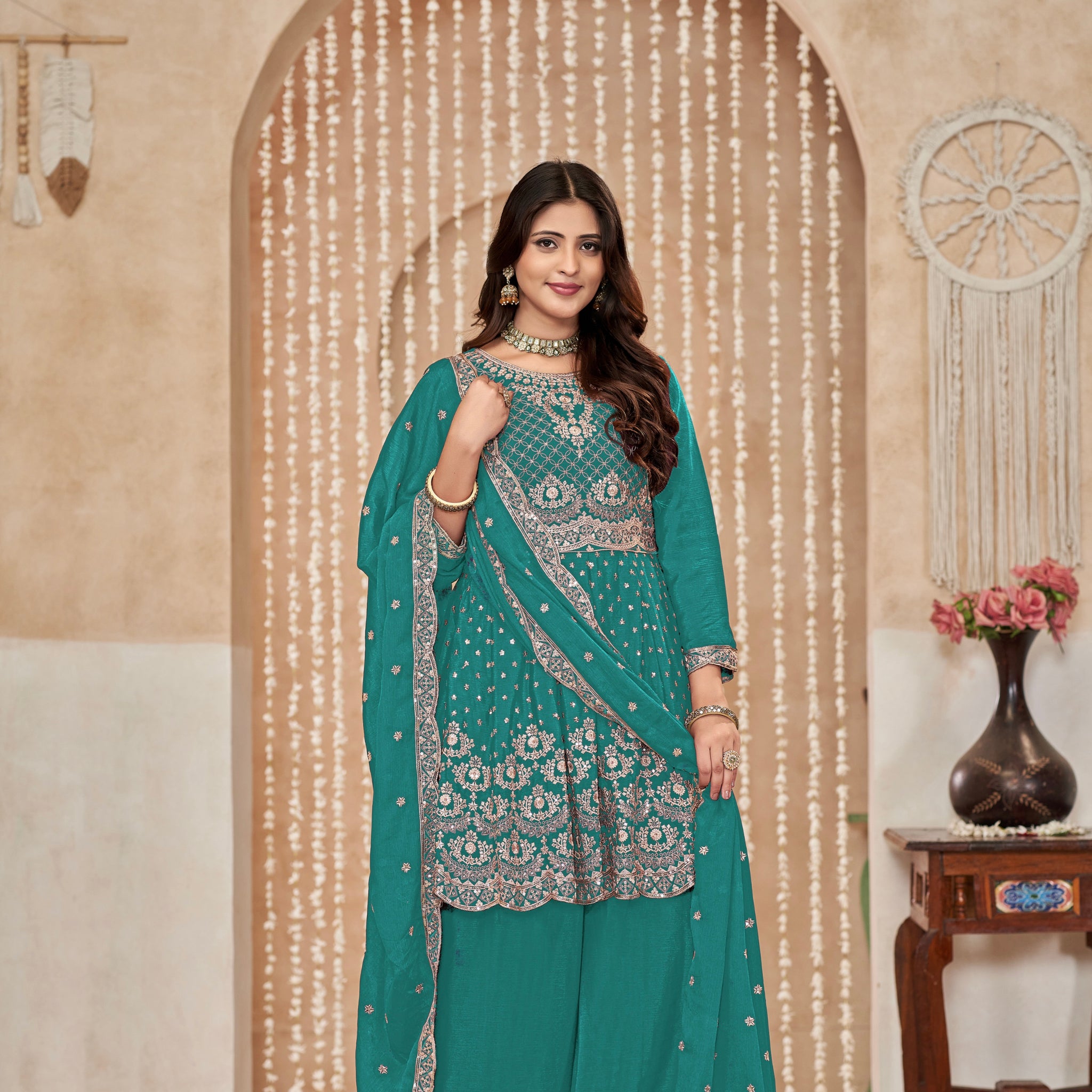 Teal Chinon Palazzo Suit with Intricate Embroidery and Chinon Dupatta