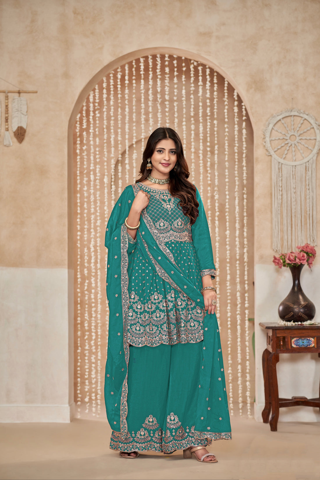 Teal Chinon Palazzo Suit with Intricate Embroidery and Chinon Dupatta