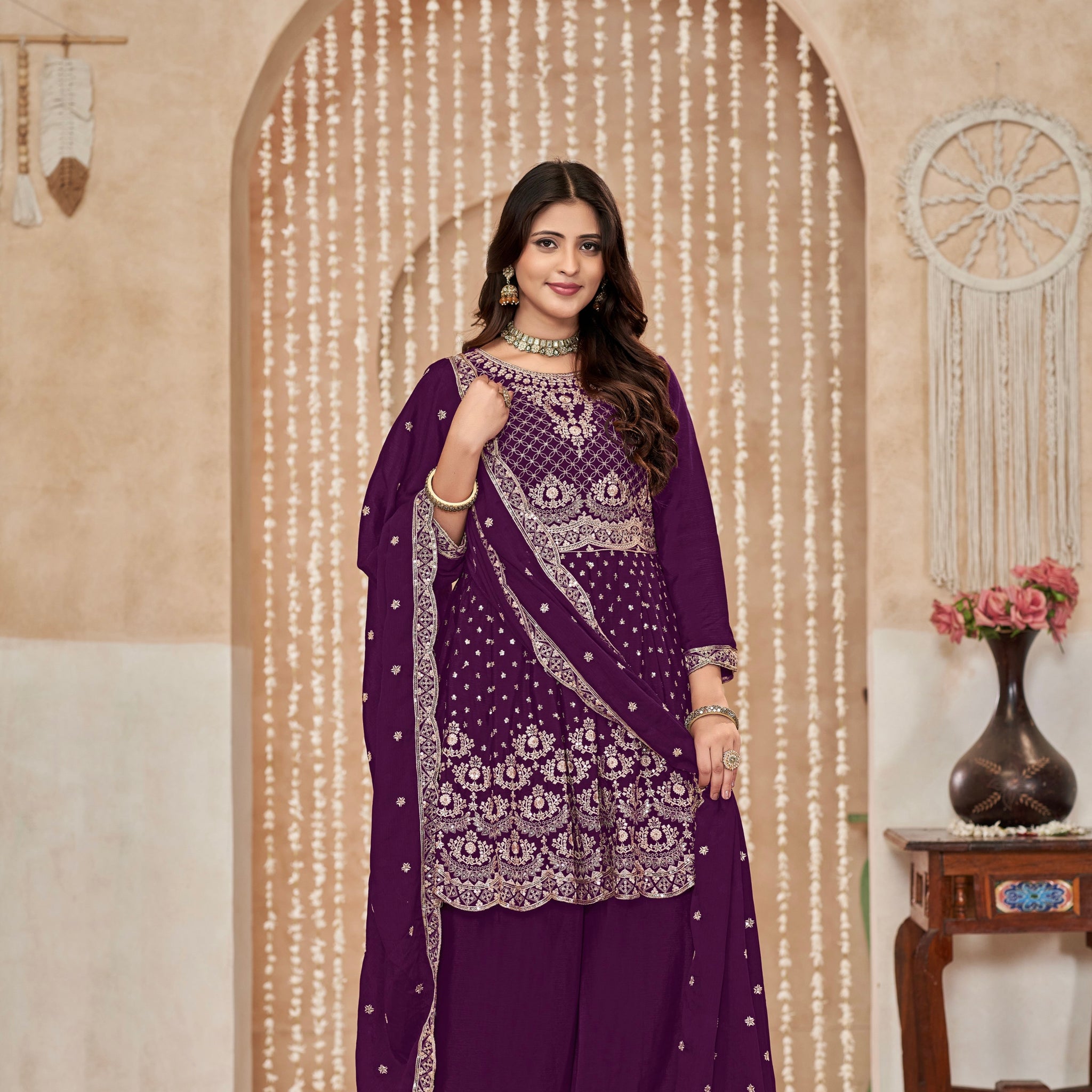 Purple Chinon Palazzo Suit with Exquisite Embroidery & Chinon Dupatta