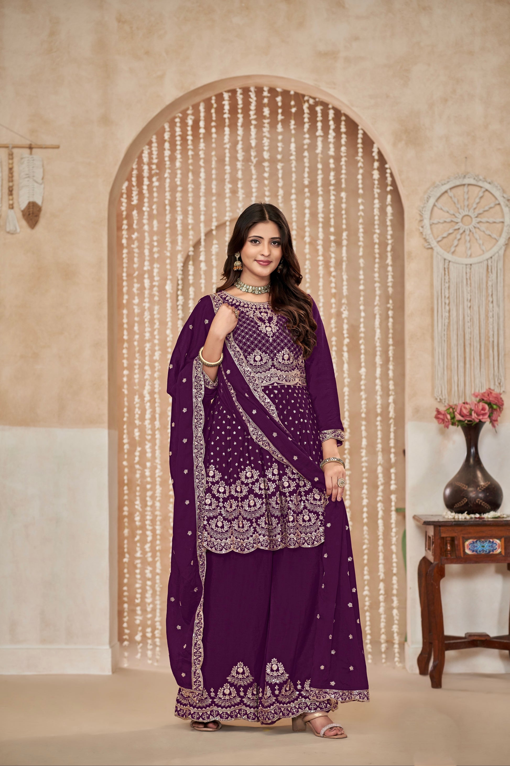 Purple Chinon Palazzo Suit with Exquisite Embroidery & Chinon Dupatta