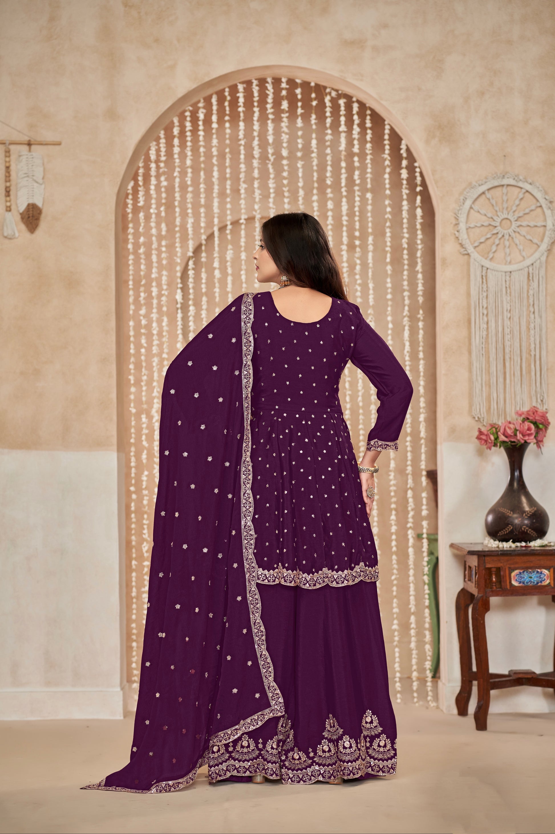 Purple Chinon Palazzo Suit with Exquisite Embroidery & Chinon Dupatta