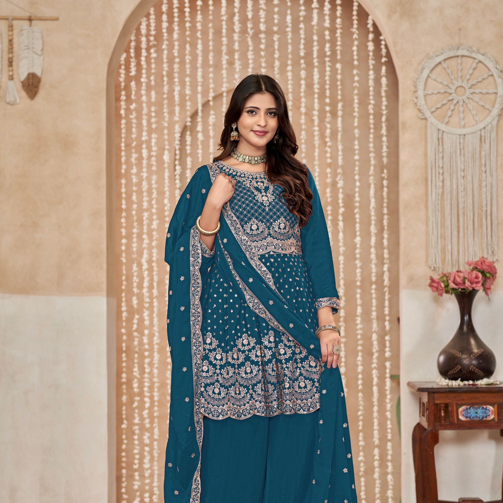 Peacock Blue Chinon Palazzo Suit with Embroidery and Chinon Dupatta