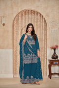 Peacock Blue Chinon Palazzo Suit with Embroidery and Chinon Dupatta