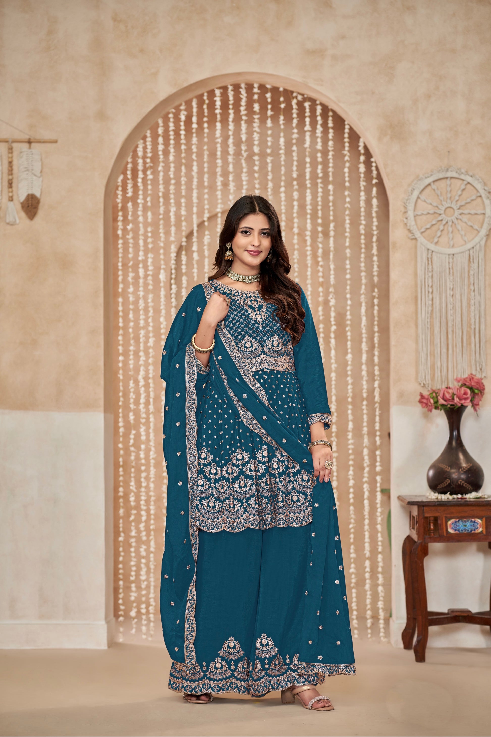 Peacock Blue Chinon Palazzo Suit with Embroidery and Chinon Dupatta