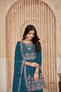 Peacock Blue Chinon Palazzo Suit with Embroidery and Chinon Dupatta